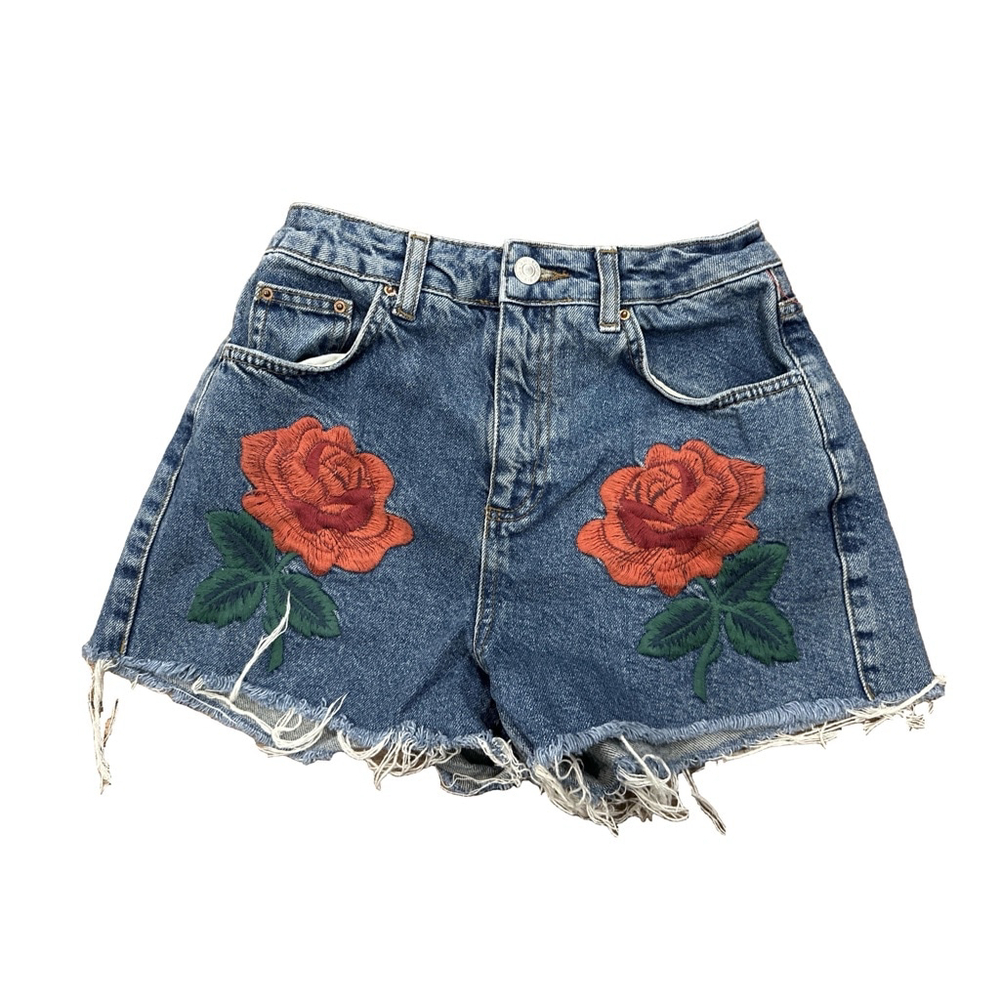 Women's Topshop Denim Shorts Size 4 Blue with Rose Embroidery